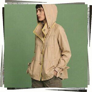 Yellow Trimmed Tan Cotton Swing Trench w Removable Hood (XS) by Hei Hei